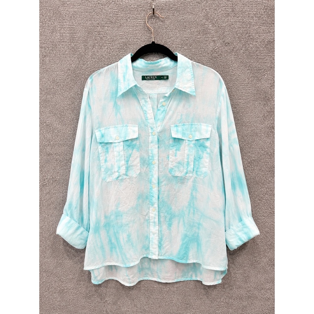Lauren Ralph Lauren Women Shirt XL Turquoise Tie Dye Cotton Silk Button Down
